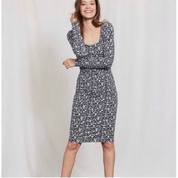 Boden Ballet Neck Blue Floral Ruched Jersey Dress Long Sleeve 2P XSP PXS - Picture 1 of 9